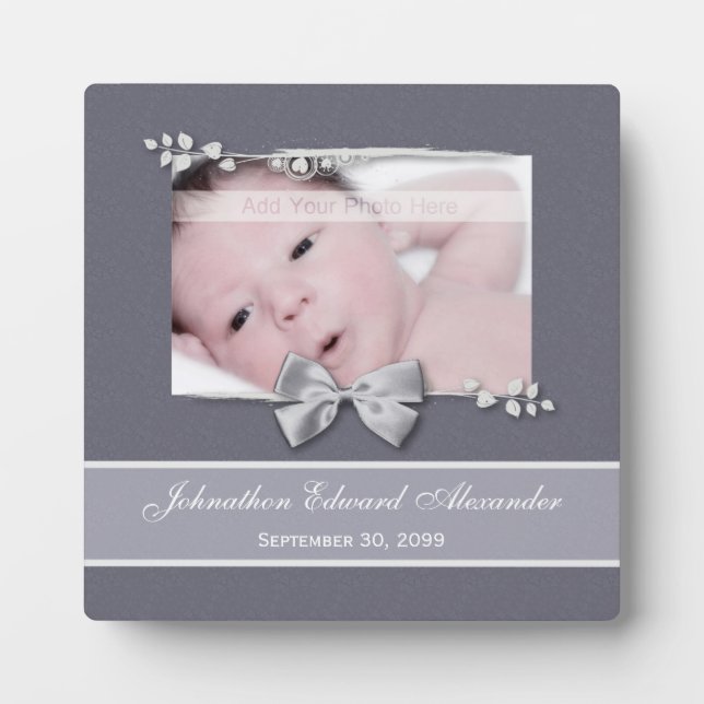 Elegant Photo Birth Announcement Silver Ribbon Plaque (Front)