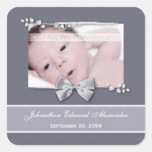 Elegant Photo Birth Announcement Silver Ribbon Square Sticker