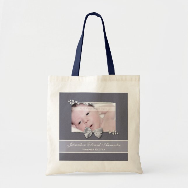 Elegant Photo Birth Announcement Silver Ribbon Tote Bag (Front)