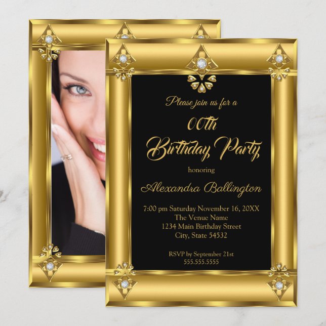 Elegant Photo Birthday Party Black Gold Diamond Invitation (Front/Back)