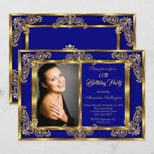 Elegant Photo Birthday Party Royal Blue Gold Gems Invitation