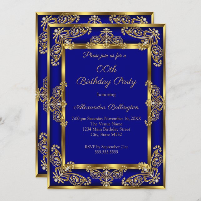 Elegant Photo Birthday Party Royal Blue Gold Jewel Invitation (Front/Back)