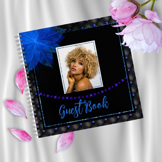 Elegant Photo Black and Blue Birthday Guest Book (Creator Uploaded)