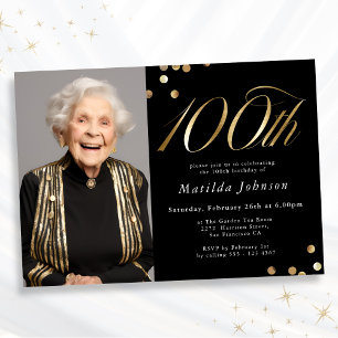 Elegant Photo Black and Gold 100th Birthday Invitation
