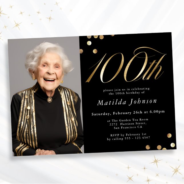 Elegant Photo Black and Gold 100th Birthday Invitation (Mockup View)