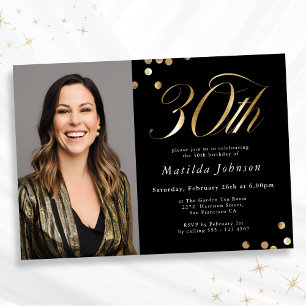 Elegant Photo Black and Gold 30th Birthday Invitation