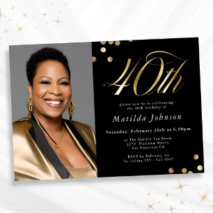 Elegant Photo Black and Gold 40th Birthday Invitation