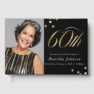 Elegant Photo Black and Gold 60th Birthday Guest Book