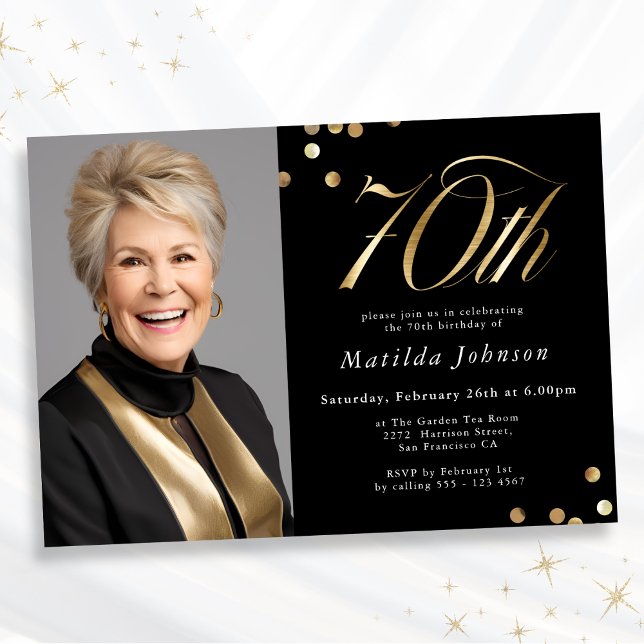 Elegant Photo Black and Gold 70th Birthday Invitation (Mockup View)