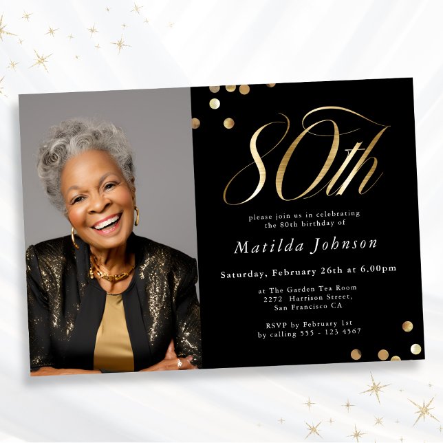 Elegant Photo Black and Gold 80th Birthday Invitation (Mockup View)