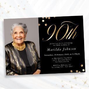 Elegant Photo Black and Gold 90th Birthday Invitation