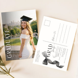 Elegant Photo Black Bow Grad Party Invitation Postcard