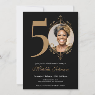 Elegant Photo Black Gold 50th Birthday Invitation