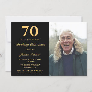 Elegant Photo Black Gold 70th Birthday Party Invitation