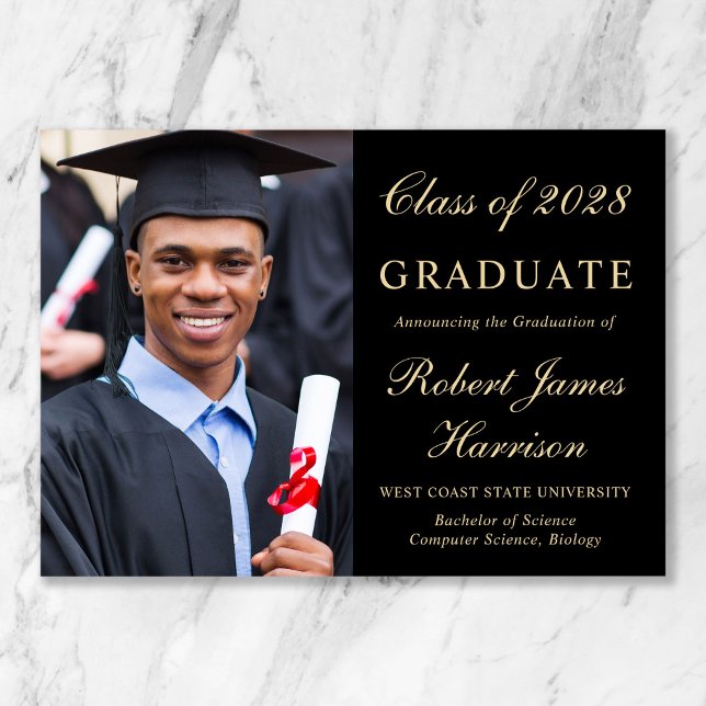 Elegant Photo Black Gold College Graduation Announcement (Share the pride and excitement of your graduate's achievement with friends and family near and far)