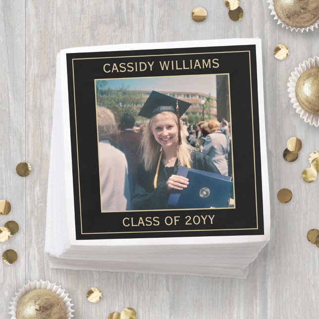 Elegant Photo Black & Gold Modern Graduation Party Napkin (Creator Uploaded)