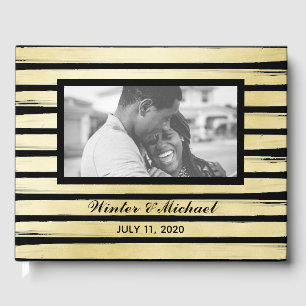 Elegant photo black gold paint striped wedding guest book