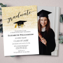Elegant Photo Black Gold Script Graduation Party