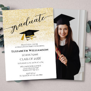 Elegant Photo Black Gold Script Graduation Party Invitation