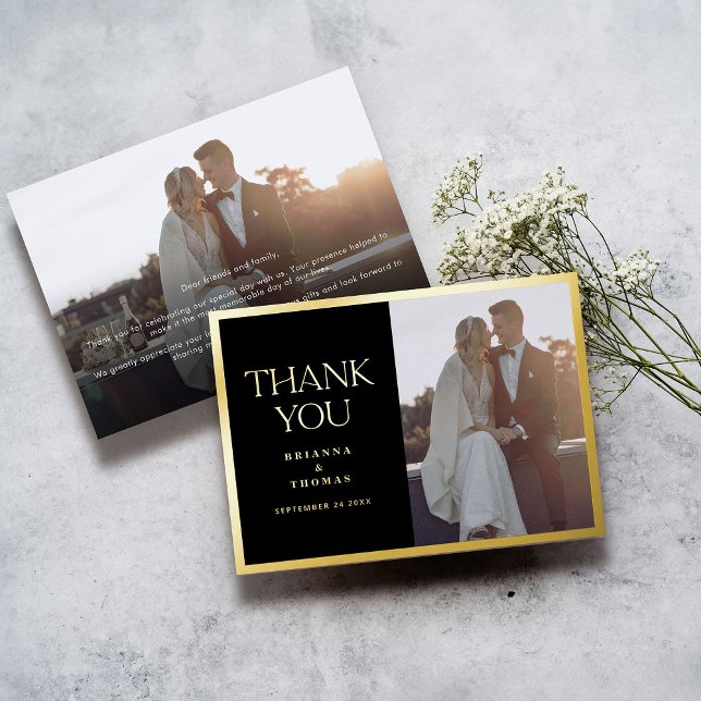 Elegant Photo Black Gold Wedding Thank You Card (Creator Uploaded)