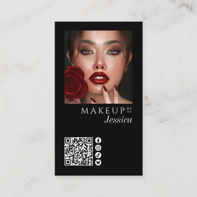 Elegant Photo Black QR Code Social Icons Makeup Bu Business Card (Front)