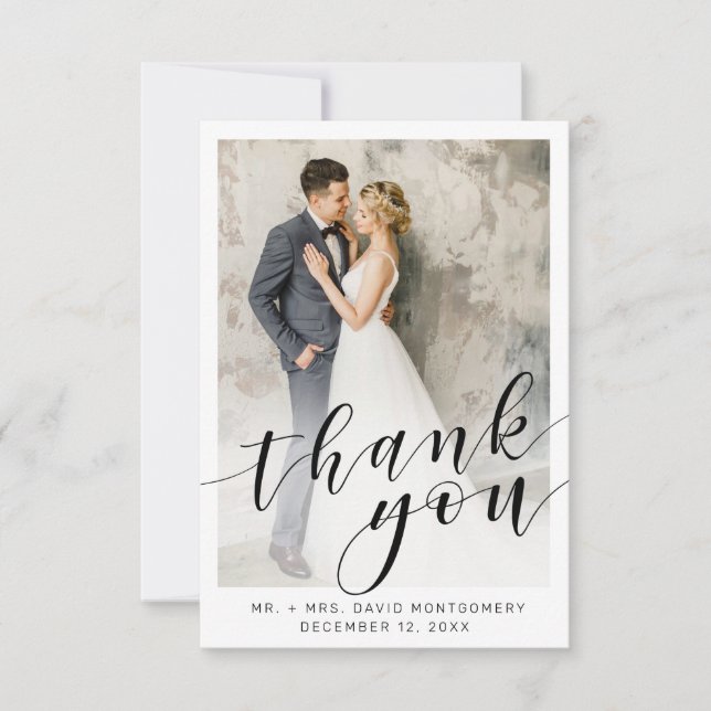 Elegant Photo Black Script White Wedding Thank You (Front)
