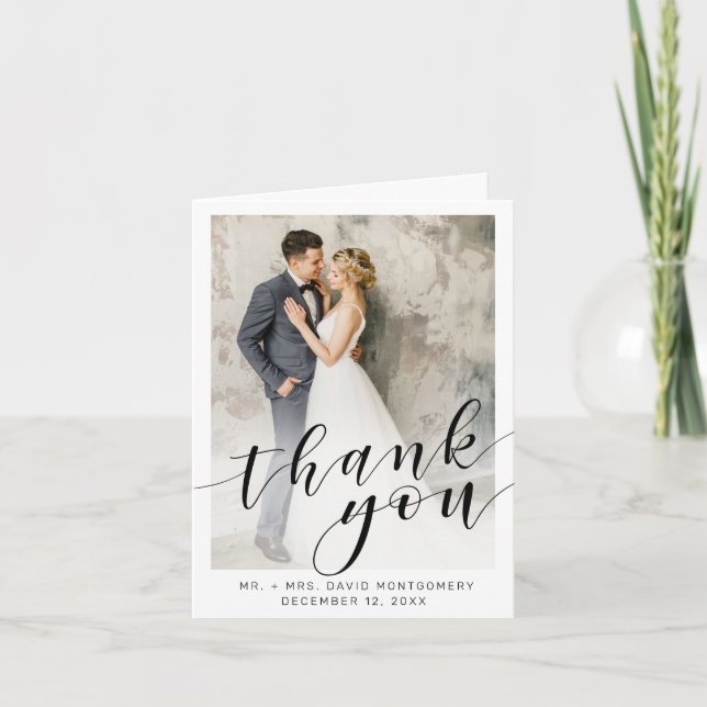 Elegant Photo Black Script White Wedding Thank You Card (Front)