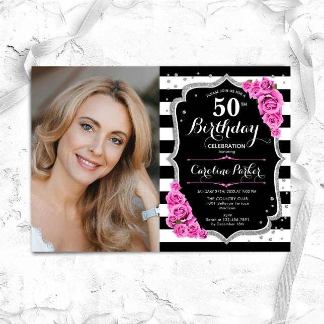 Elegant Photo Black Silver Pink 50th Birthday Invitation (Creator Uploaded)