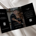 Elegant photo black wedding RSVP details QR code  Tri-Fold Invitation<br><div class="desc">Modern simple minimal typography trendy black all in one budget wedding invitation template with 2 photos, rsvp and details with scanning QR codes featuring a chic trendy calligraphy script and dark overlay. Easy to personalise with one or two custom photos (you can upload the same photo on both sides) and...</div>