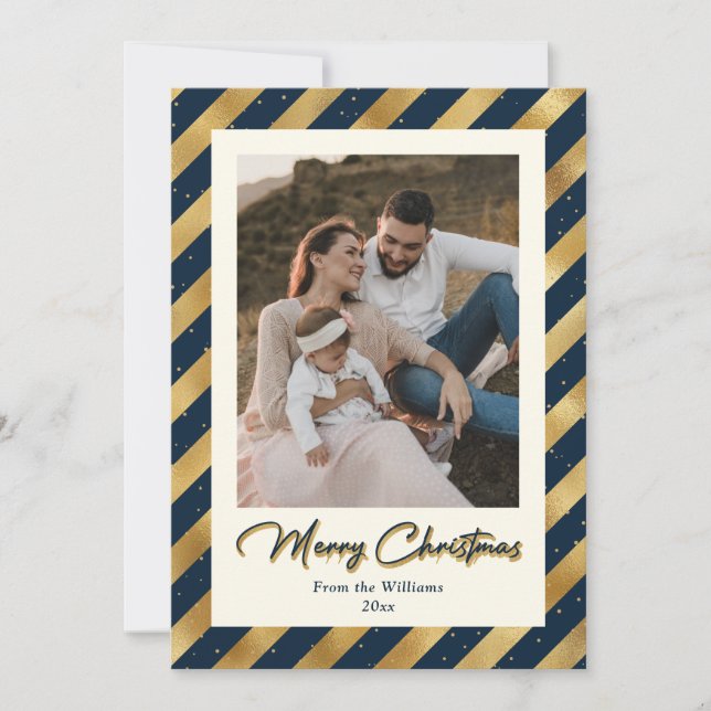 Elegant Photo Blue and Gold Merry Christmas Holiday Card (Front)