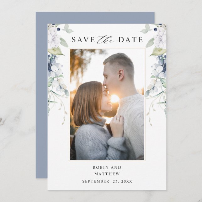  Elegant Photo, Blue and White Floral Wedding Save The Date (Front/Back)