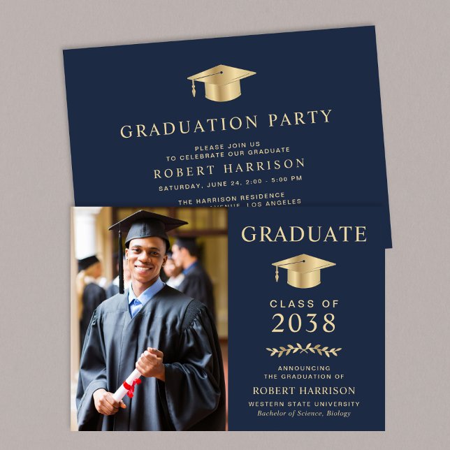 Elegant Photo Blue Gold College Graduation Party Invitation (An elegant college graduation party invitation to celebrate the graduate's achievements)
