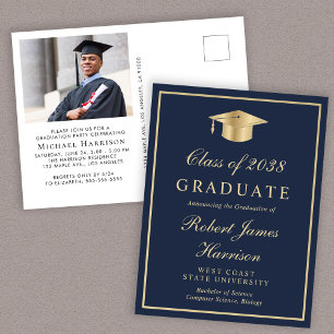 Elegant Photo Blue Gold College Graduation Party Invitation Postcard