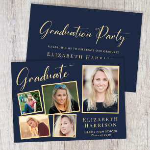 Elegant Photo Blue Gold Graduation Party Invitation