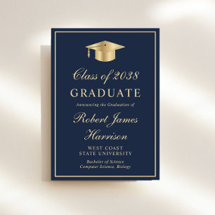 Elegant Photo Blue Gold Graduation Party Invitation