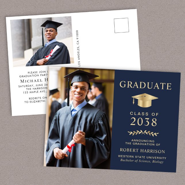 Elegant Photo Blue Gold Graduation Party Invitation Postcard (An elegant college graduation party invitation postcard to celebrate the graduate's achievements)