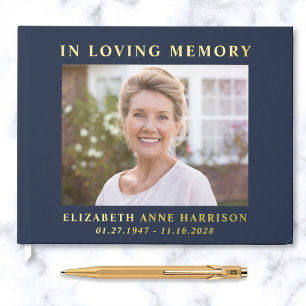 Elegant Photo Blue Gold Memorial Funeral Guest Book