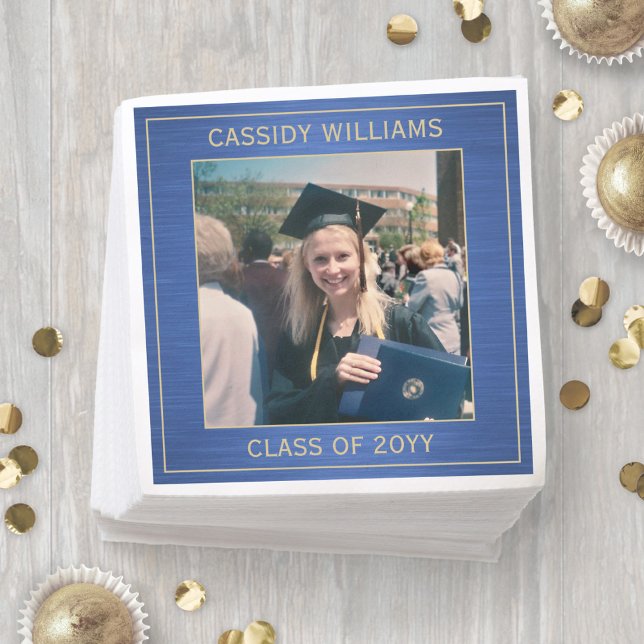 Elegant Photo Blue & Gold Modern Graduation Party Napkin (Creator Uploaded)