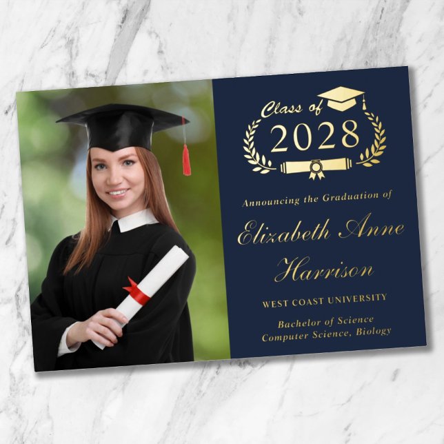Elegant Photo Blue Graduation Foil Announcement (Our user-friendly template makes it a breeze to upload your photo and personalize your announcement)