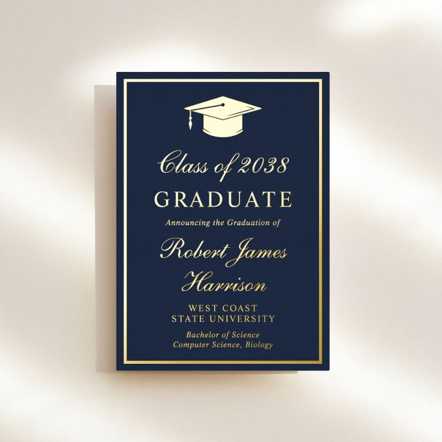 Elegant Photo Blue Graduation Party Gold (An elegant college graduation party gold foil invitation to celebrate the graduate's achievements)