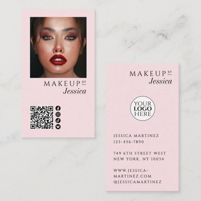 Elegant Photo Blush Pink QR Code Social Makeup Business Card (Front/Back)