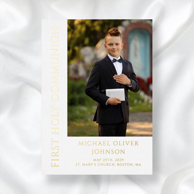 Elegant Photo Boy First Communion Gold (Boy Modern Photo First Holy Communion Gold Foil Invitation
)
