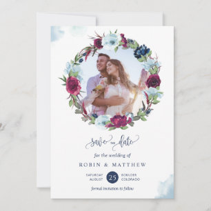 Elegant Photo Burgundy Berry Blue Wreath Wedding Save The Date