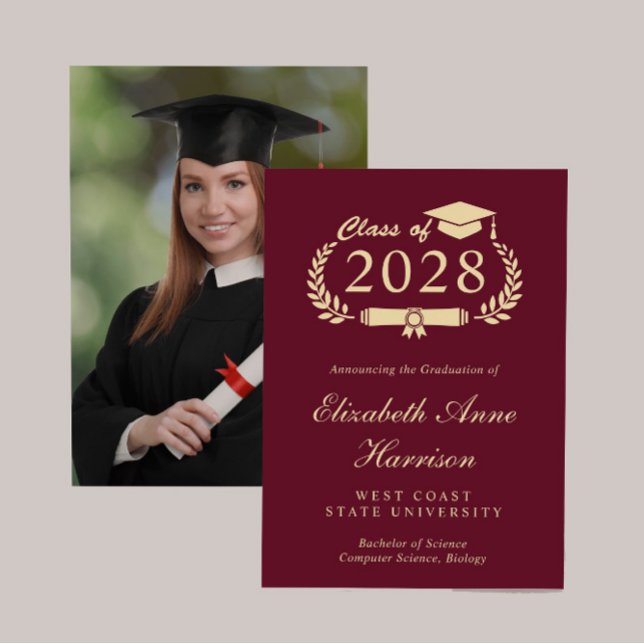 Elegant Photo Burgundy Gold College Graduation Announcement (Cherish the milestone: share your graduate's achievement with a custom photo graduation announcement)