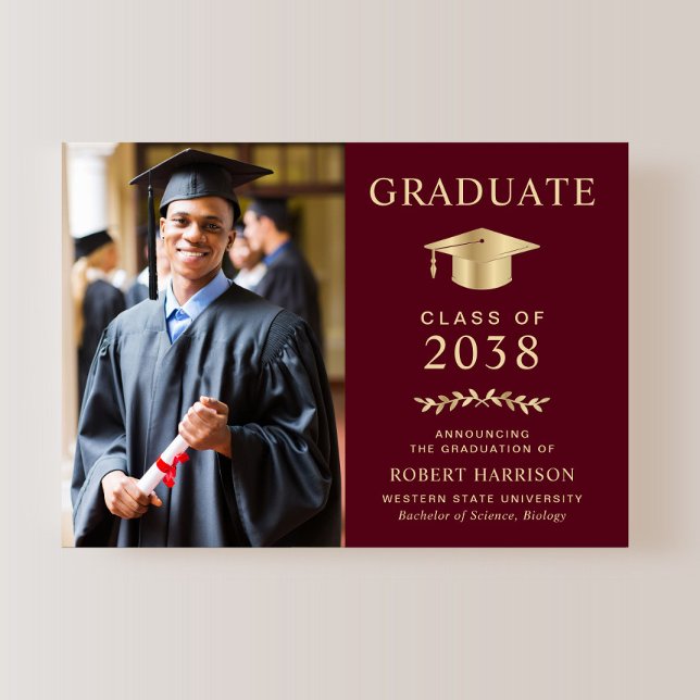 Elegant Photo Burgundy Gold College Graduation Announcement (An elegant college graduation announcement to celebrate the graduate's achievements)