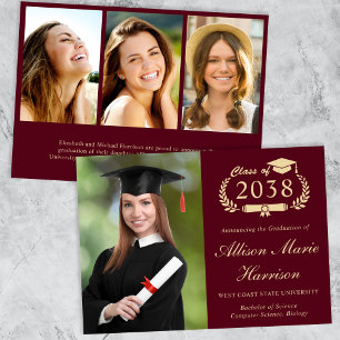 Elegant Photo Burgundy Gold College Graduation Announcement