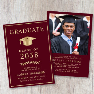 Elegant Photo Burgundy Gold Graduation Party Invitation