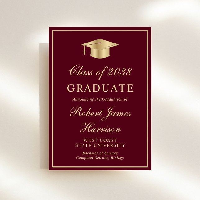 Elegant Photo Burgundy Gold Graduation Party Invitation (An elegant college graduation party invitation to celebrate the graduate's achievements)