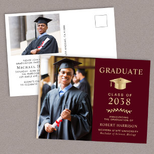 Elegant Photo Burgundy Gold Graduation Party Invitation Postcard