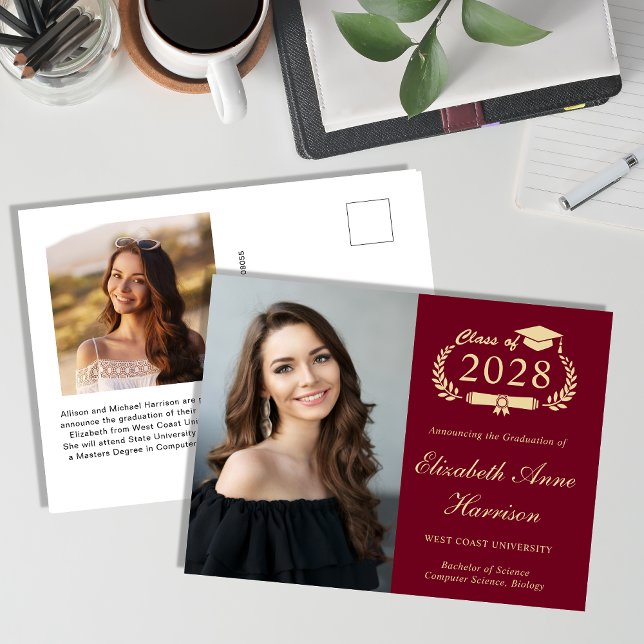 Elegant Photo Burgundy Gold Graduation Postcard (Share the pride and excitement of your graduate's achievement with friends and family near and far)